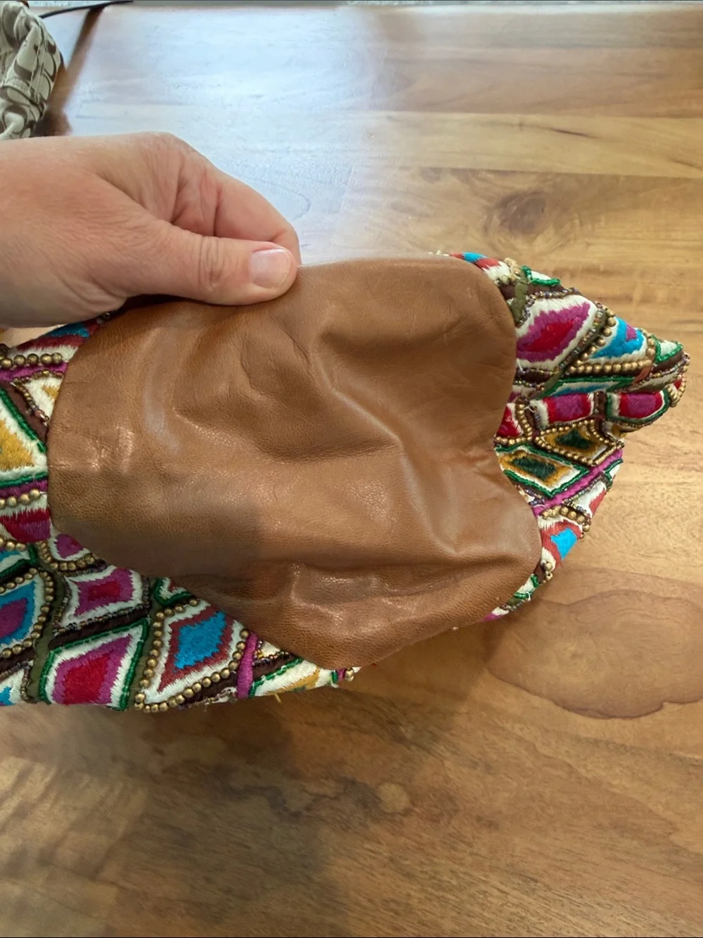 Mary Frances by Anthrolopogie Multicolor Embroidered Shoulder Bag w/ Tan Handles
